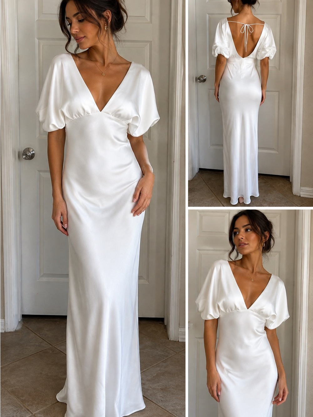 Satin White V-Neck Maxi Dress with Puff Sleeves